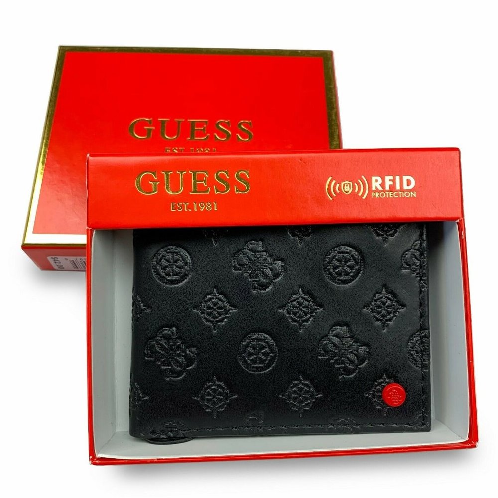 NEW GUESS RFID Protection Billfold Wallet Bi-fold ID Holder BLACK